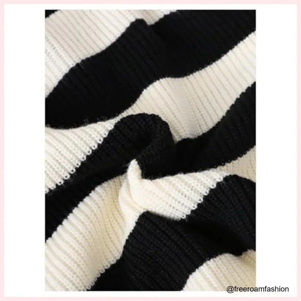 Girls Striped Pullover Sweater Long Sleeve Collar Letter Patched Knit Top